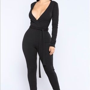 Low V-Neck Jumpsuit with Tie Belt Detail